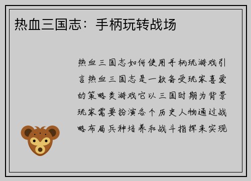 热血三国志：手柄玩转战场