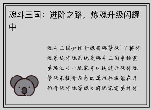 魂斗三国：进阶之路，炼魂升级闪耀中